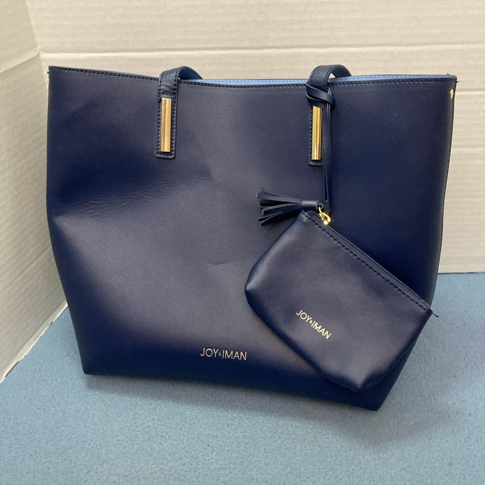 Joy & Iman Navy Blue Faux Leather Tote w/Gold Accents, Tassels and Wristlet